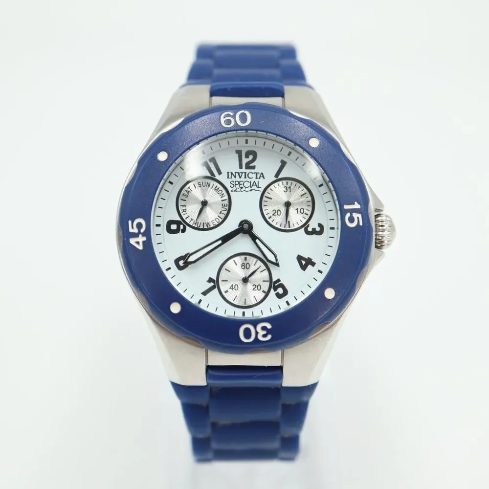 Invicta Mens Multifunction Watch 38mm White Dial Blue Bezel Silicone Strap